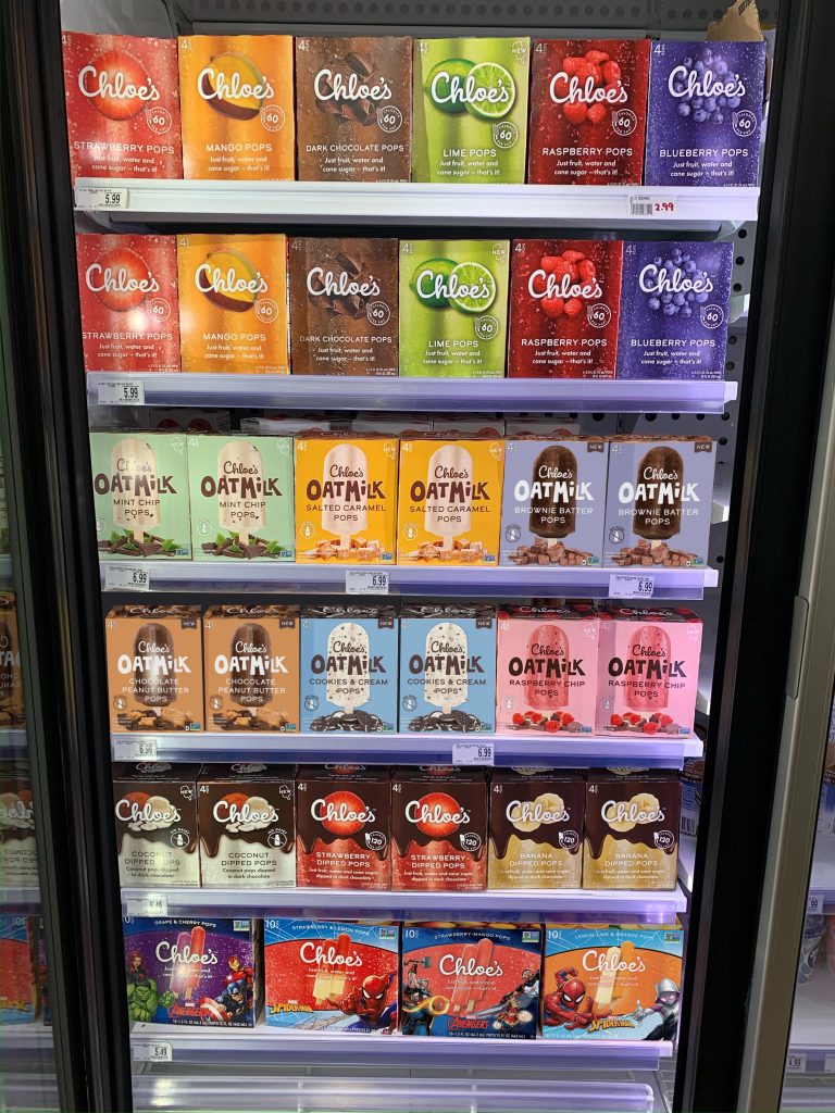 Chloe's pop boxes in a grocery store freezer section