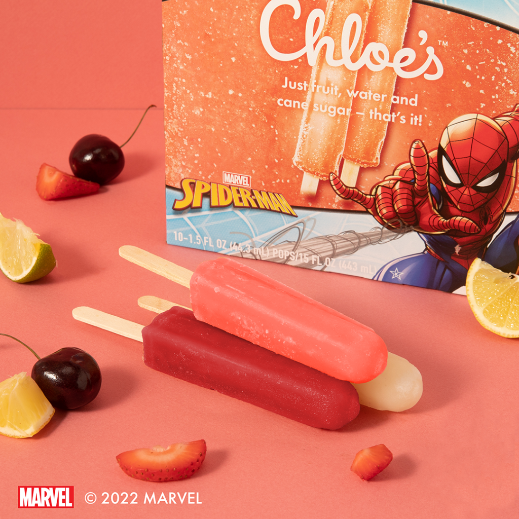 Chloe's Marvel Spider-Man pop and box on a pink background